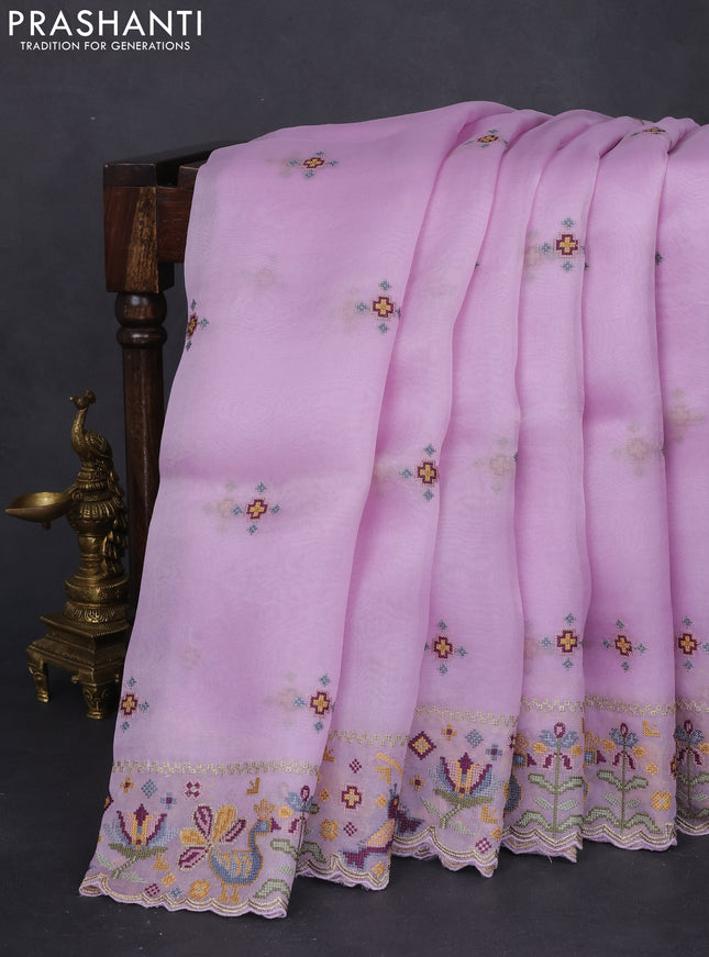 Pure organza silk saree lavender with embroided buttas and embroided border