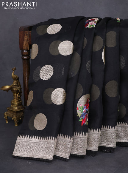 Pure organza silk saree black with parrot design embroided buttas and zari woven border