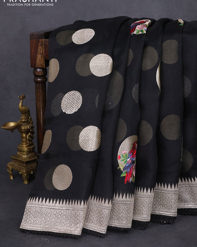 Pure organza silk saree black with parrot design embroided buttas and zari woven border