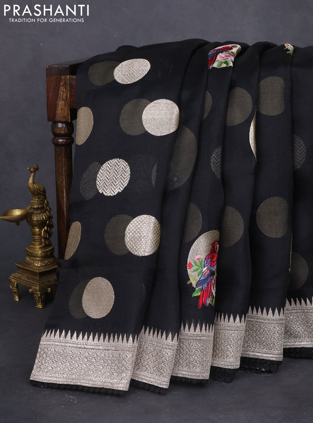 Pure organza silk saree black with parrot design embroided buttas and zari woven border