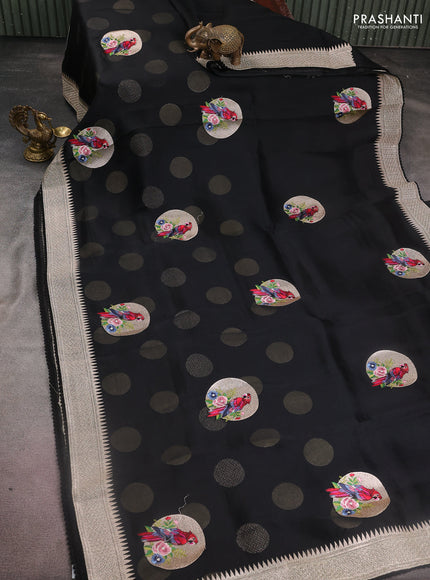 Pure organza silk saree black with parrot design embroided buttas and zari woven border