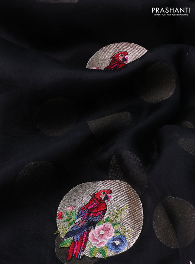 Pure organza silk saree black with parrot design embroided buttas and zari woven border