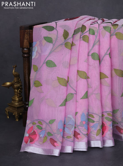 Pure organza silk saree lotus pink with allover floral embroidery and silver zari woven border