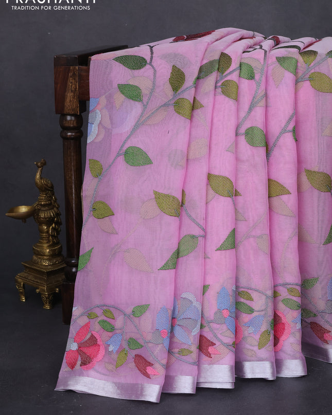 Pure organza silk saree lotus pink with allover floral embroidery and silver zari woven border