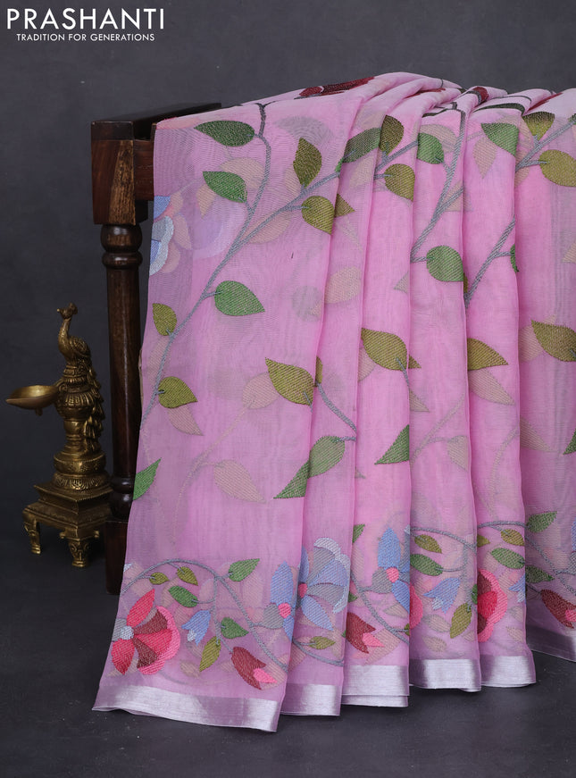 Pure organza silk saree lotus pink with allover floral embroidery and silver zari woven border