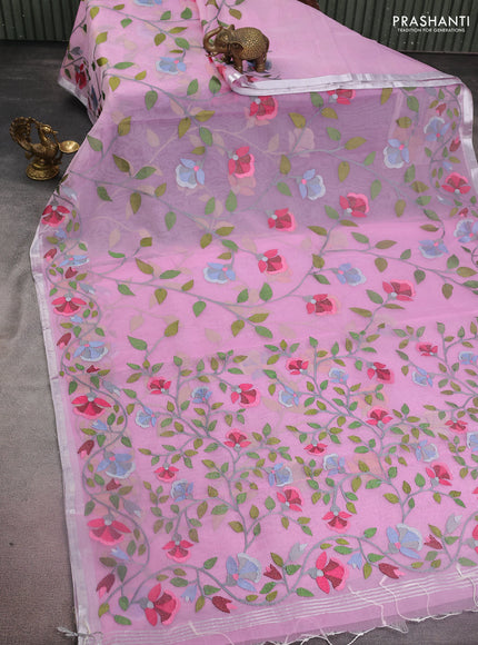 Pure organza silk saree lotus pink with allover floral embroidery and silver zari woven border