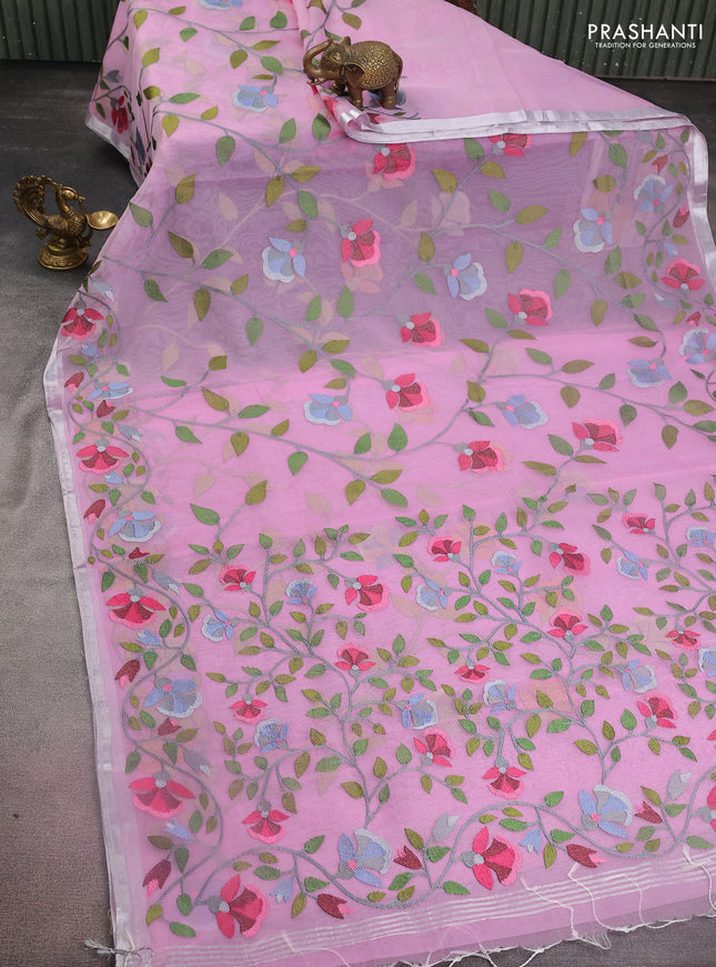 Pure organza silk saree lotus pink with allover floral embroidery and silver zari woven border