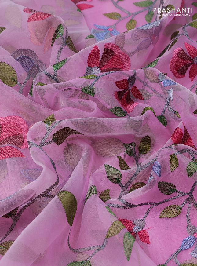 Pure organza silk saree lotus pink with allover floral embroidery and silver zari woven border