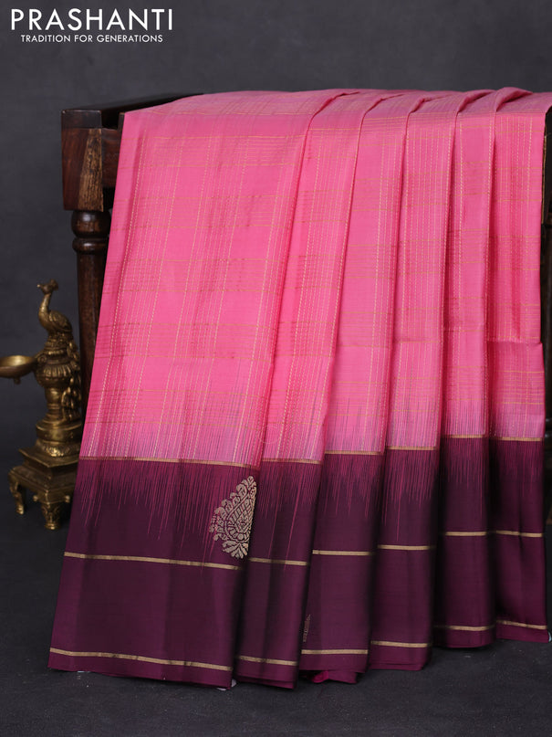 Pure soft silk saree light pink and deep wine shade with allover zari checked pattern and zari woven simple border