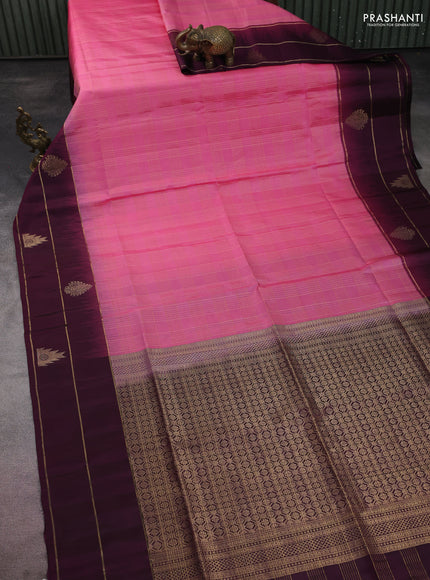 Pure soft silk saree light pink and deep wine shade with allover zari checked pattern and zari woven simple border