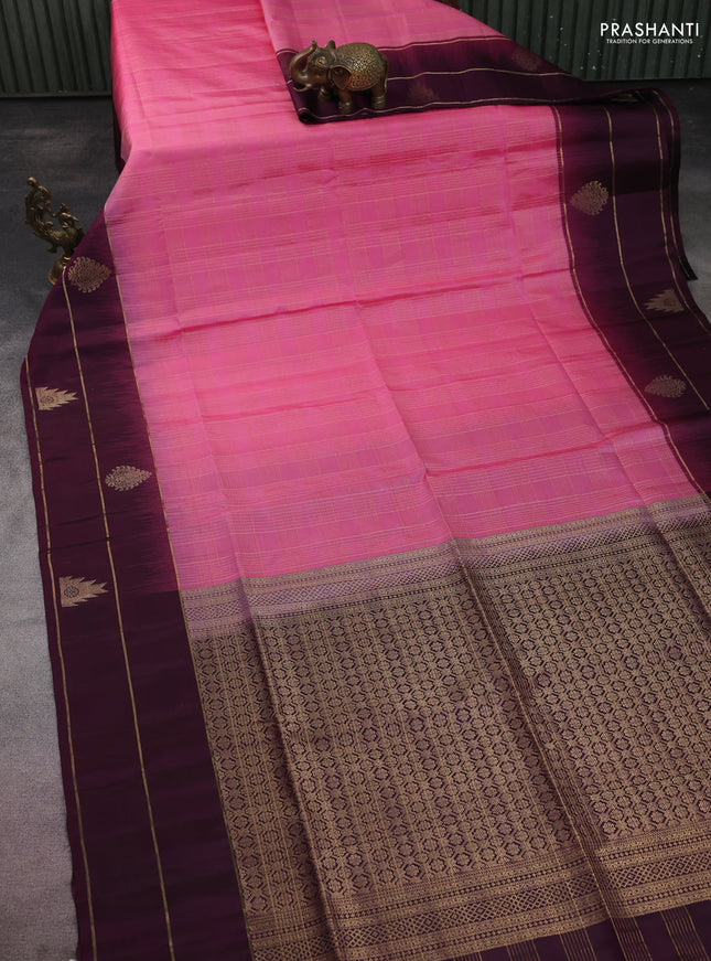 Pure soft silk saree light pink and deep wine shade with allover zari checked pattern and zari woven simple border