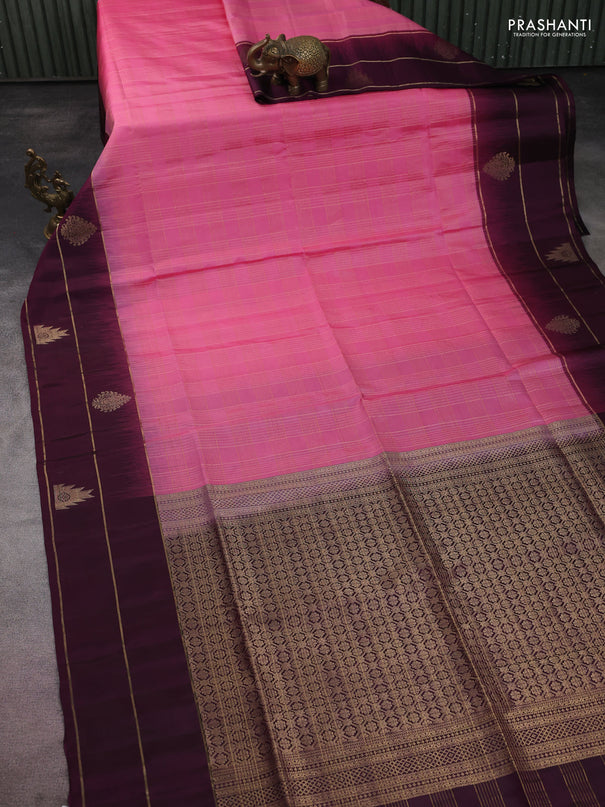 Pure soft silk saree light pink and deep wine shade with allover zari checked pattern and zari woven simple border