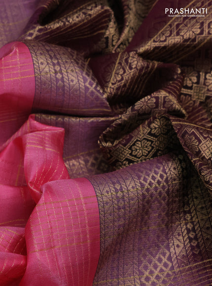 Pure soft silk saree light pink and deep wine shade with allover zari checked pattern and zari woven simple border