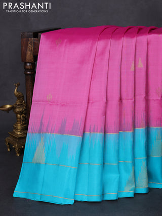 Pure soft silk saree pink and teal blue with allover zari woven buttas and zari woven elephant butta border