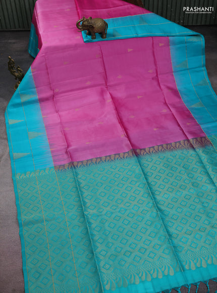 Pure soft silk saree pink and teal blue with allover zari woven buttas and zari woven elephant butta border