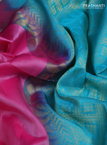 Pure soft silk saree pink and teal blue with allover zari woven buttas and zari woven elephant butta border