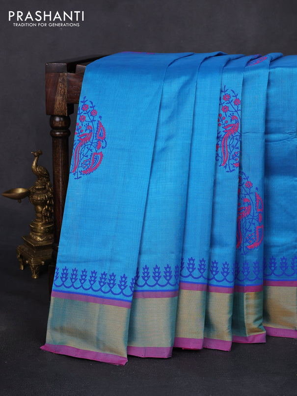 Silk cotton block printed saree cs blue and pink with butta prints and zari woven border