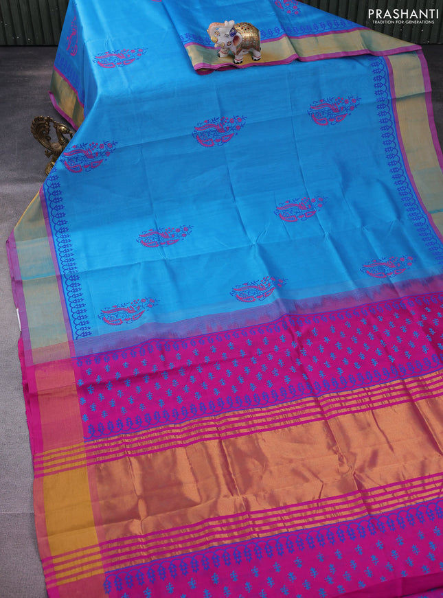 Silk cotton block printed saree cs blue and pink with butta prints and zari woven border