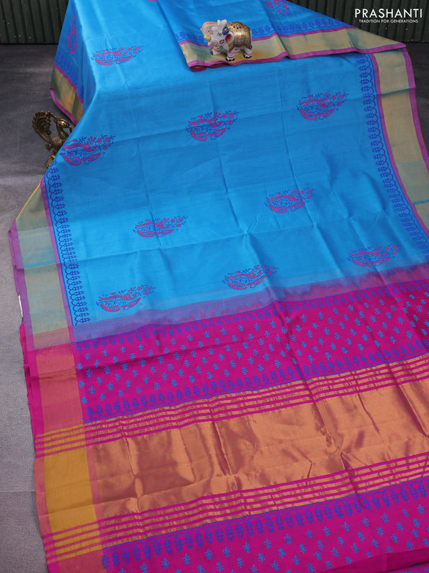 Silk cotton block printed saree cs blue and pink with butta prints and zari woven border
