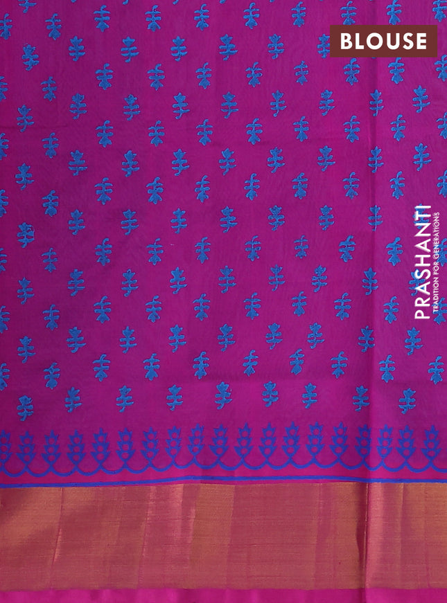 Silk cotton block printed saree cs blue and pink with butta prints and zari woven border
