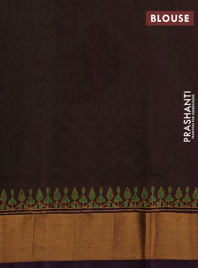 Silk cotton block printed saree light green and deep wine shade with floral butta prints and zari woven border