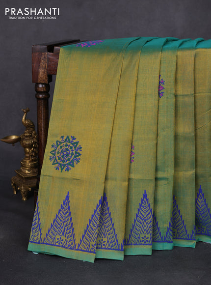 Silk cotton block printed saree dual shade of green with butta prints and printed border