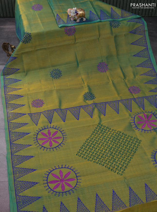 Silk cotton block printed saree dual shade of green with butta prints and printed border