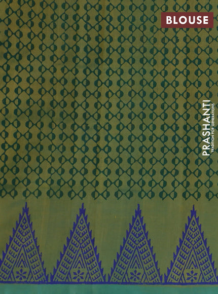 Silk cotton block printed saree dual shade of green with butta prints and printed border