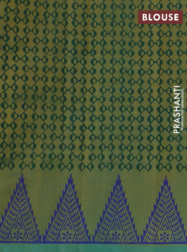 Silk cotton block printed saree dual shade of green with butta prints and printed border