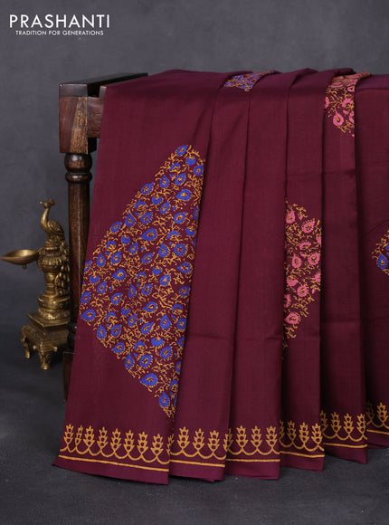 Silk cotton block printed saree deep wine shade with allover prints and printed border