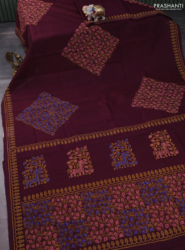 Silk cotton block printed saree deep wine shade with allover prints and printed border