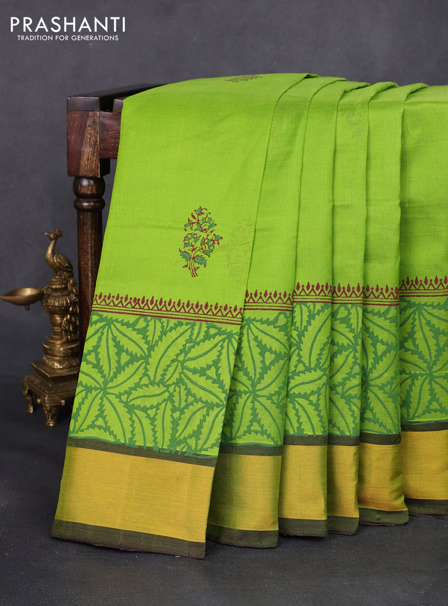 Silk cotton block printed saree light green and wine shade with butta prints and zari woven border
