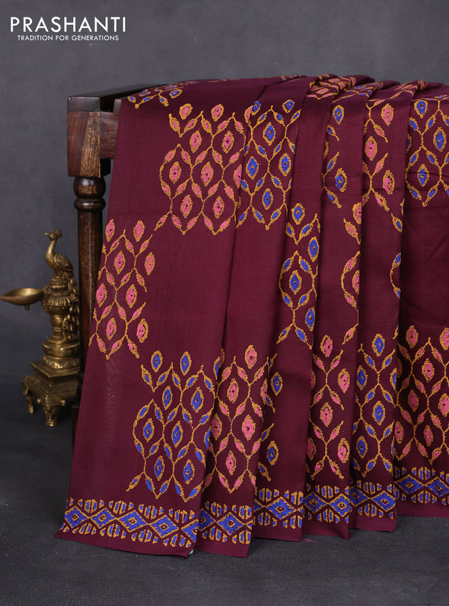 Silk cotton block printed saree wine shade with allover prints and printed border