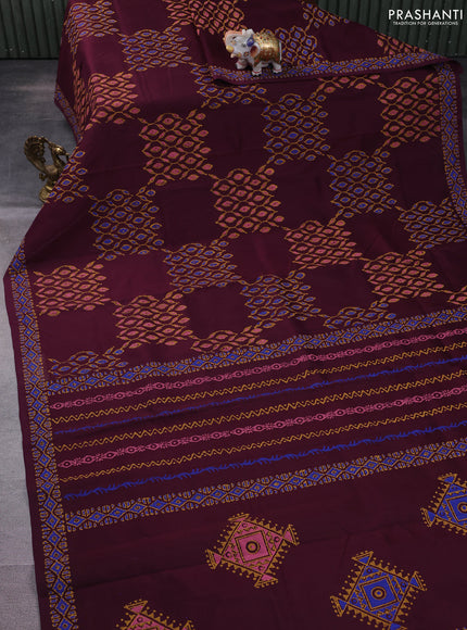 Silk cotton block printed saree wine shade with allover prints and printed border