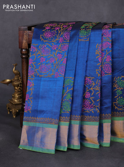 Silk cotton block printed saree peacock blue and light green with allover prints and zari woven border