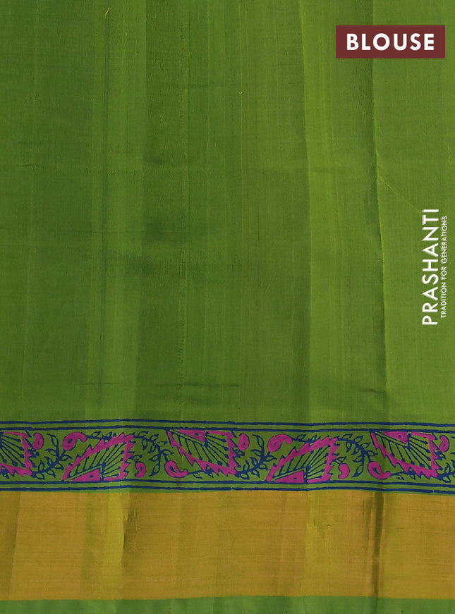 Silk cotton block printed saree peacock blue and light green with allover prints and zari woven border