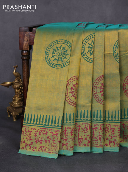 Silk cotton block printed saree dual shade of green with warli butta prints and printed border
