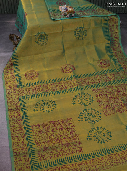 Silk cotton block printed saree dual shade of green with warli butta prints and printed border