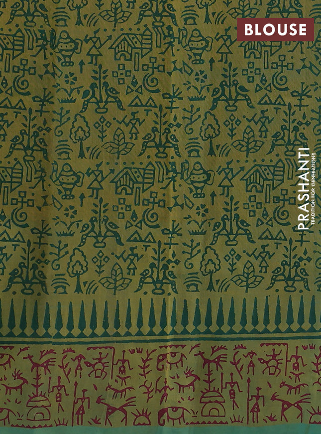 Silk cotton block printed saree dual shade of green with warli butta prints and printed border