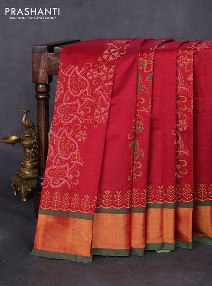 Silk cotton block printed saree maroon and green with allover prints and zari woven border