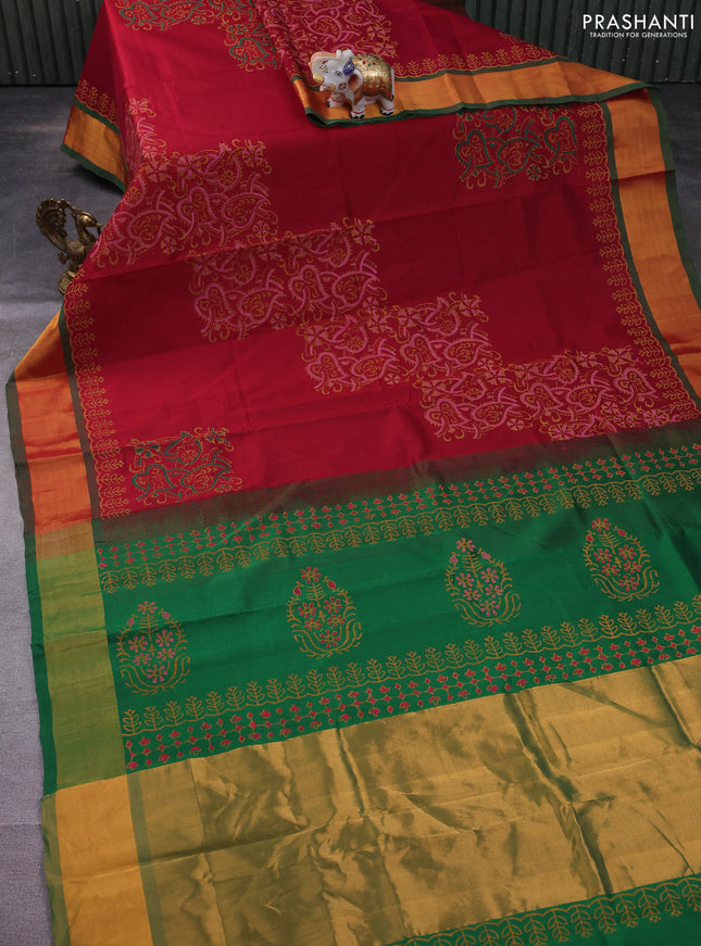Silk cotton block printed saree maroon and green with allover prints and zari woven border