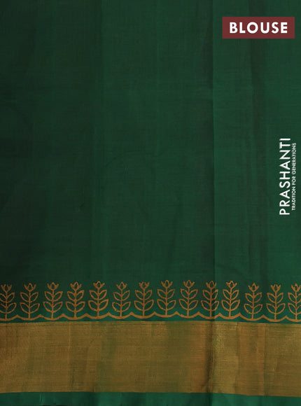 Silk cotton block printed saree maroon and green with allover prints and zari woven border