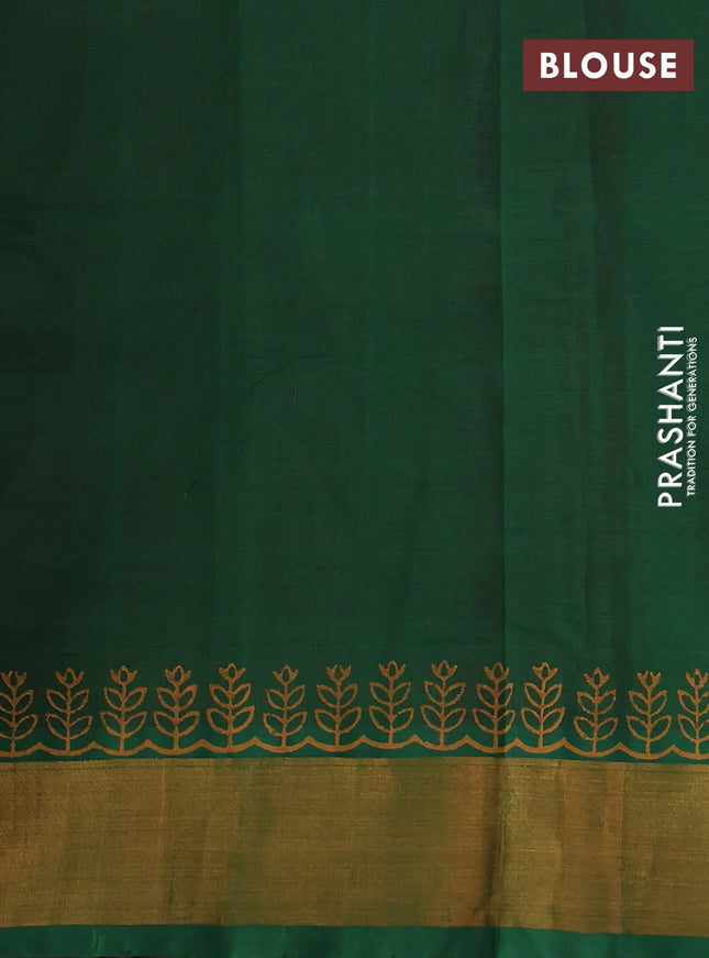 Silk cotton block printed saree maroon and green with allover prints and zari woven border