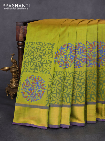 Silk cotton block printed saree lime green and blue with allover prints and zari woven border