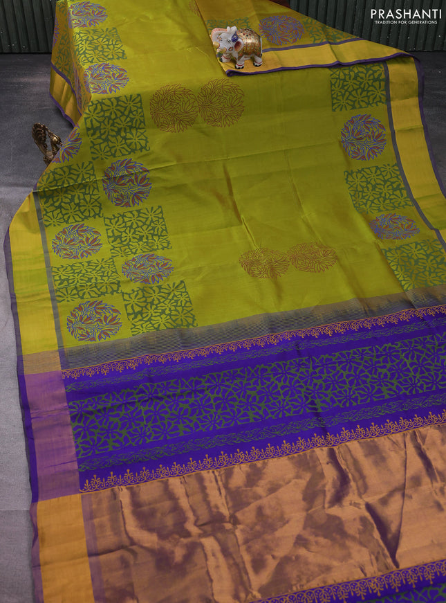 Silk cotton block printed saree lime green and blue with allover prints and zari woven border