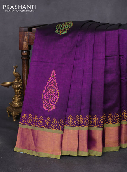 Silk cotton block printed saree deep purple and light green with butta prints and zari woven border