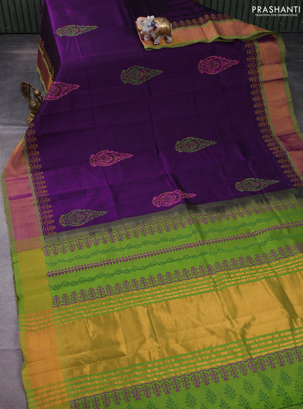 Silk cotton block printed saree deep purple and light green with butta prints and zari woven border