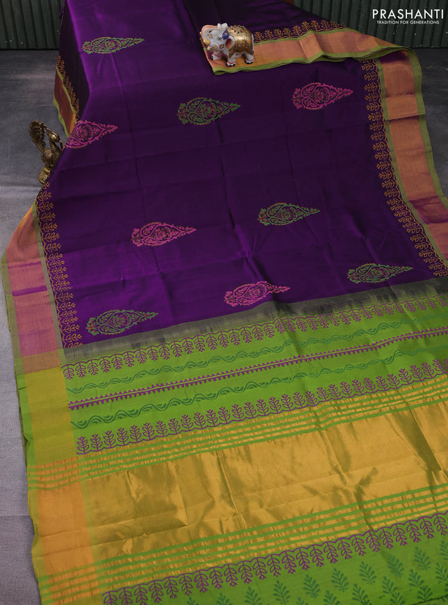 Silk cotton block printed saree deep purple and light green with butta prints and zari woven border