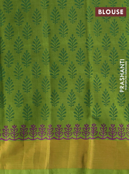 Silk cotton block printed saree deep purple and light green with butta prints and zari woven border