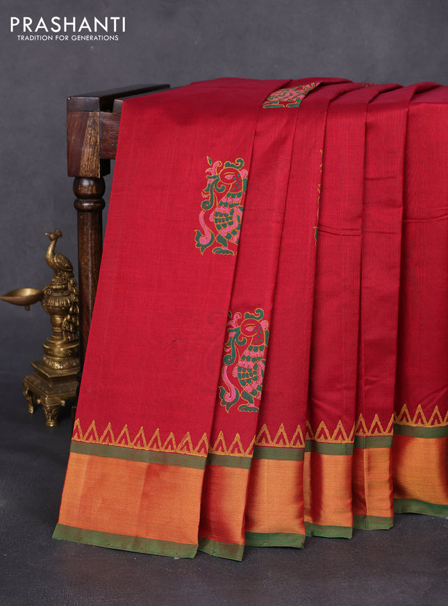 Silk cotton block printed saree maroon and green with butta prints and zari woven border